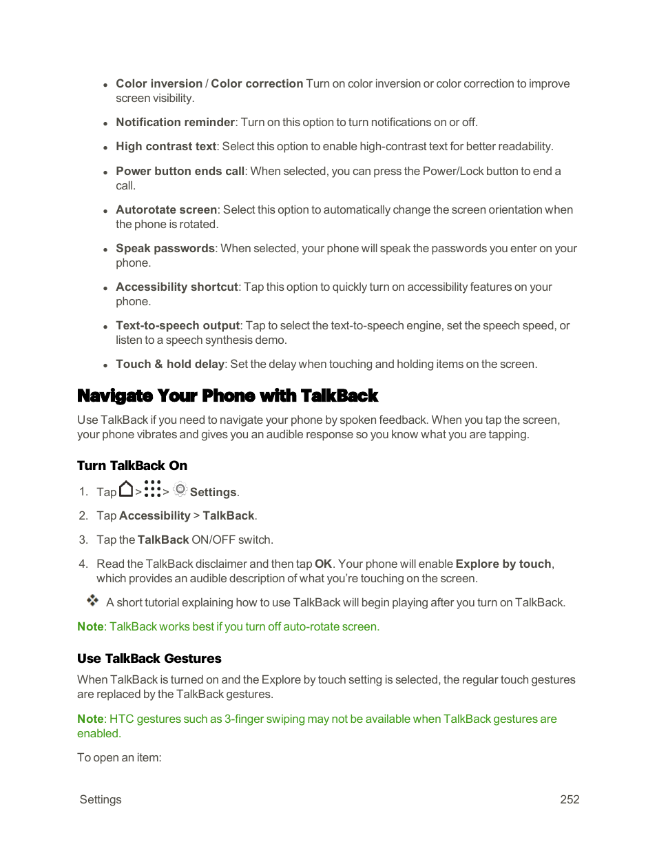 Navigate your phone with talkback | HTC One M9 User Manual | Page 265 / 304