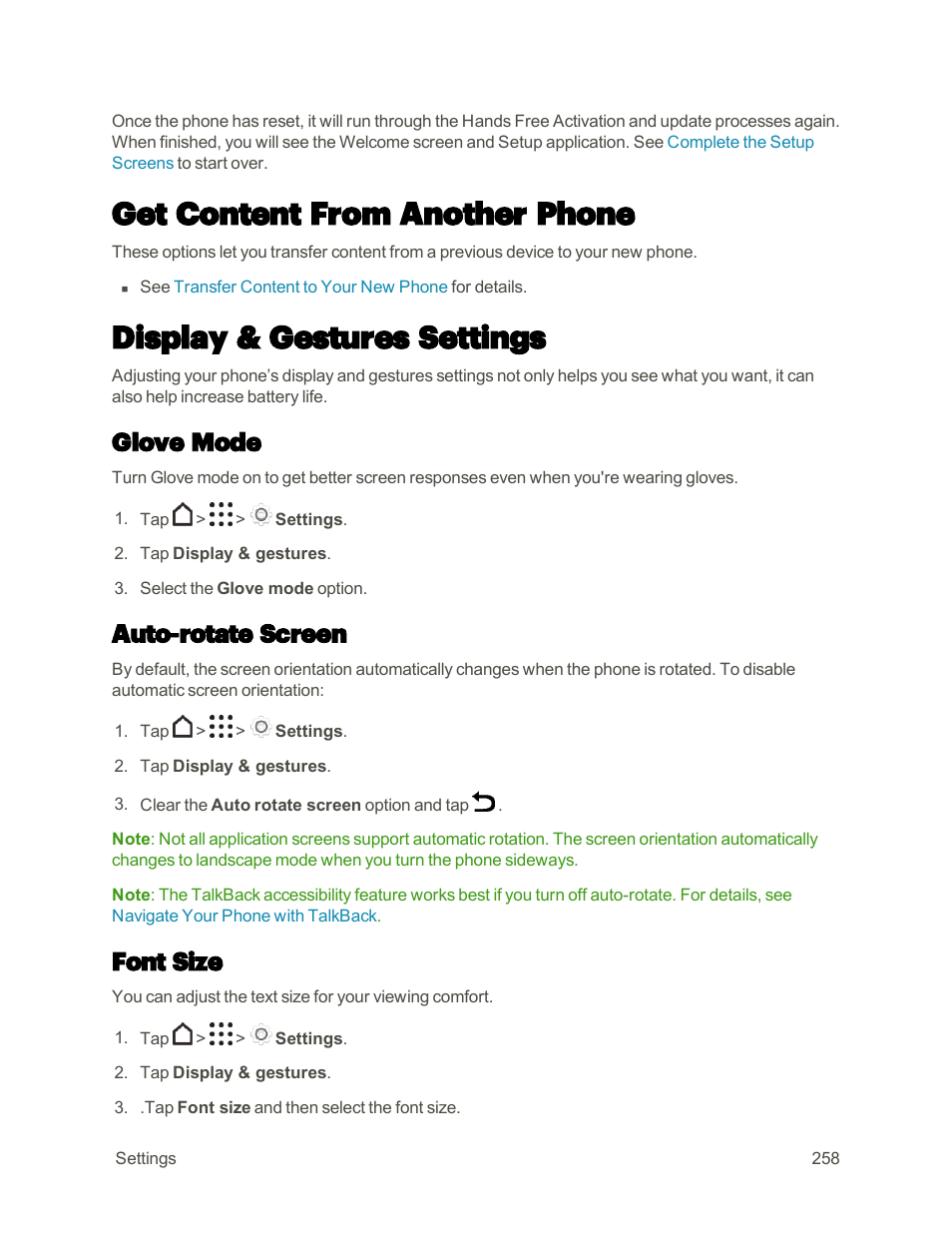 Get content from another phone, Display & gestures settings, Glove mode | Auto-rotate screen, Font size, Display & gestures, Settings | HTC One M9 User Manual | Page 271 / 304