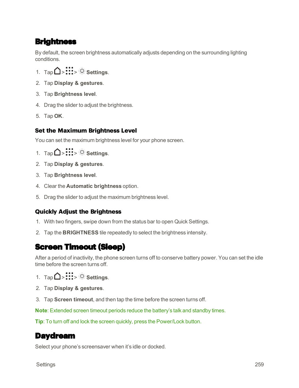 Brightness, Screen timeout (sleep), Daydream | HTC One M9 User Manual | Page 272 / 304