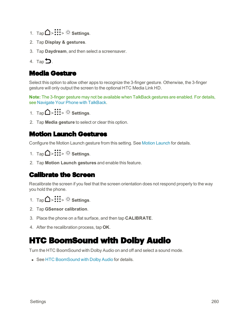 Media gesture, Motion launch gestures, Calibrate the screen | Htc boomsound with dolby audio | HTC One M9 User Manual | Page 273 / 304