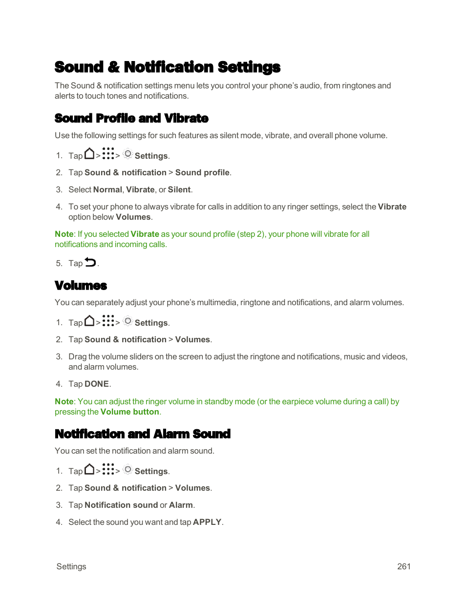 Sound & notification settings, Sound profile and vibrate, Volumes | Notification and alarm sound | HTC One M9 User Manual | Page 274 / 304