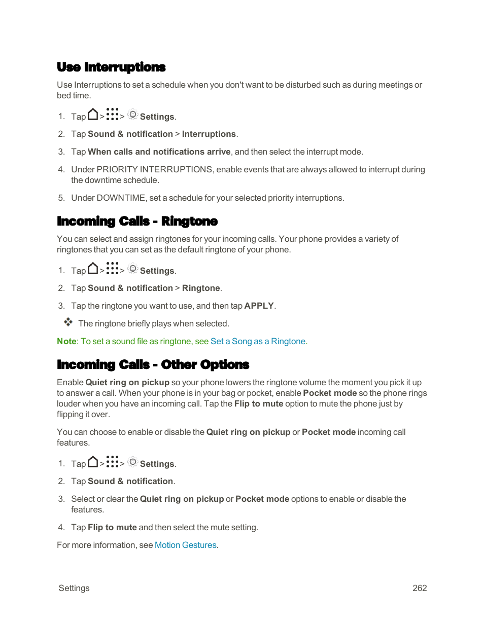 Use interruptions, Incoming calls - ringtone, Incoming calls - other options | HTC One M9 User Manual | Page 275 / 304