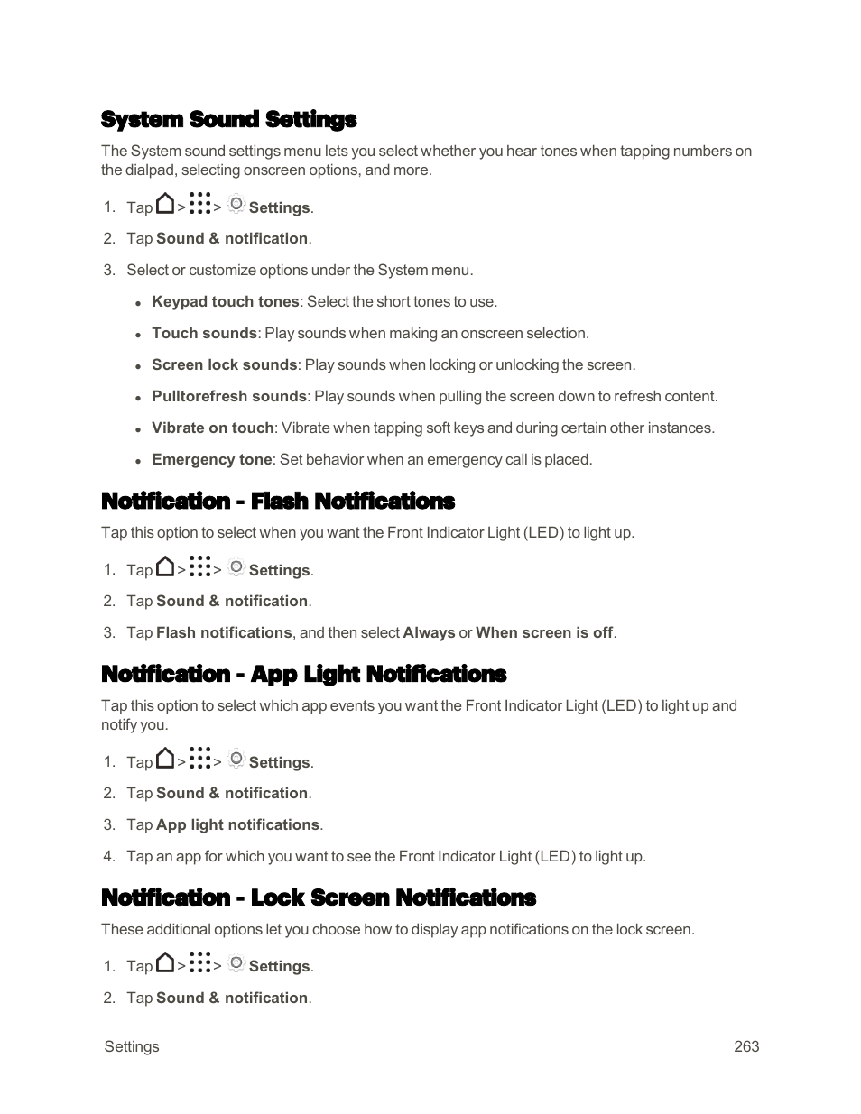 System sound settings, Notification - flash notifications, Notification - app light notifications | Notification - lock screen notifications | HTC One M9 User Manual | Page 276 / 304