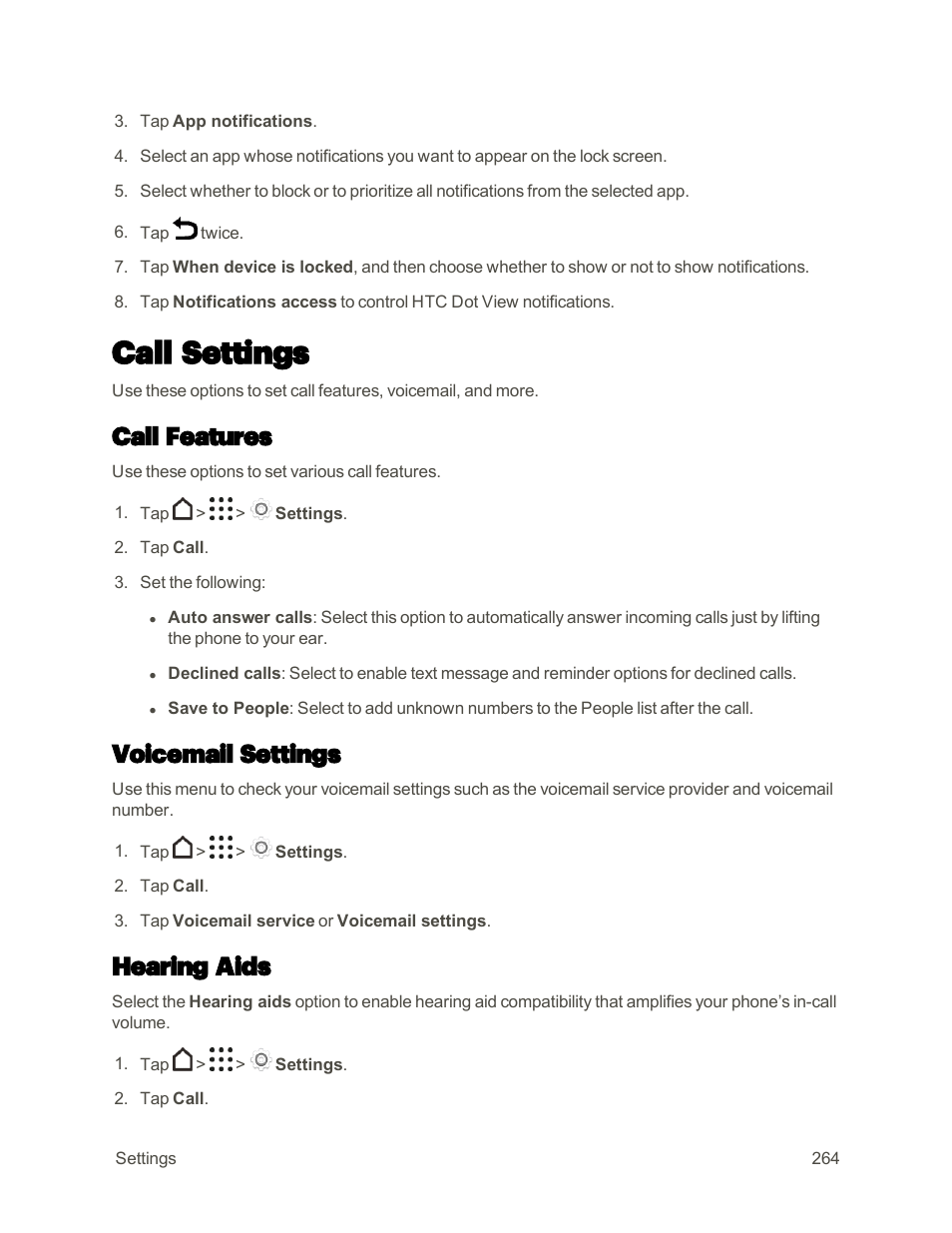 Call settings, Call features, Voicemail settings | Hearing aids | HTC One M9 User Manual | Page 277 / 304