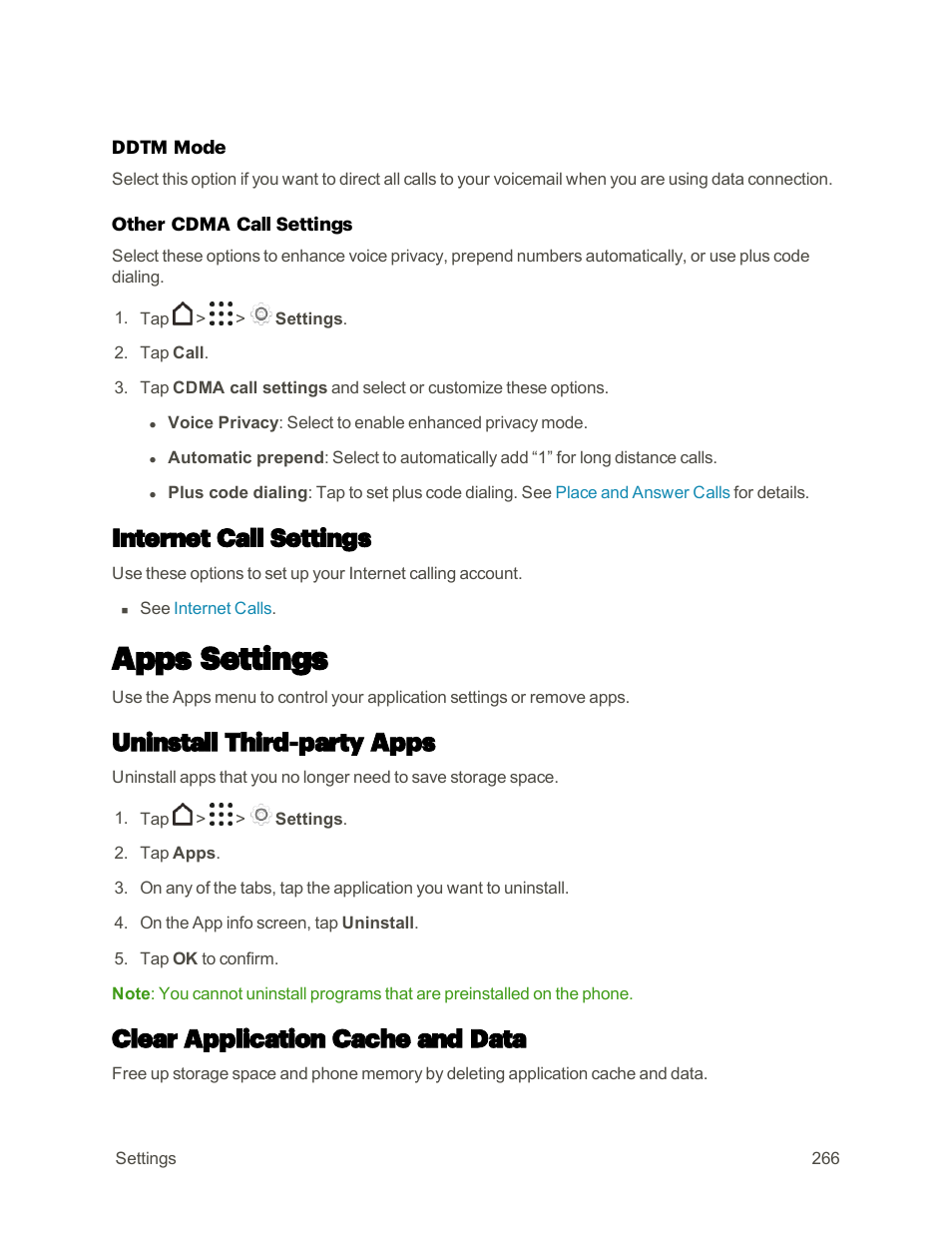 Internet call settings, Apps settings, Uninstall third-party apps | Clear application cache and data | HTC One M9 User Manual | Page 279 / 304