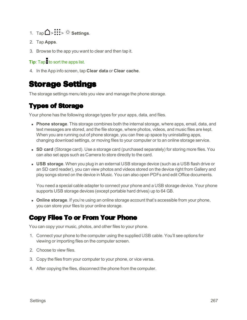 Storage settings, Types of storage, Copy files to or from your phone | HTC One M9 User Manual | Page 280 / 304