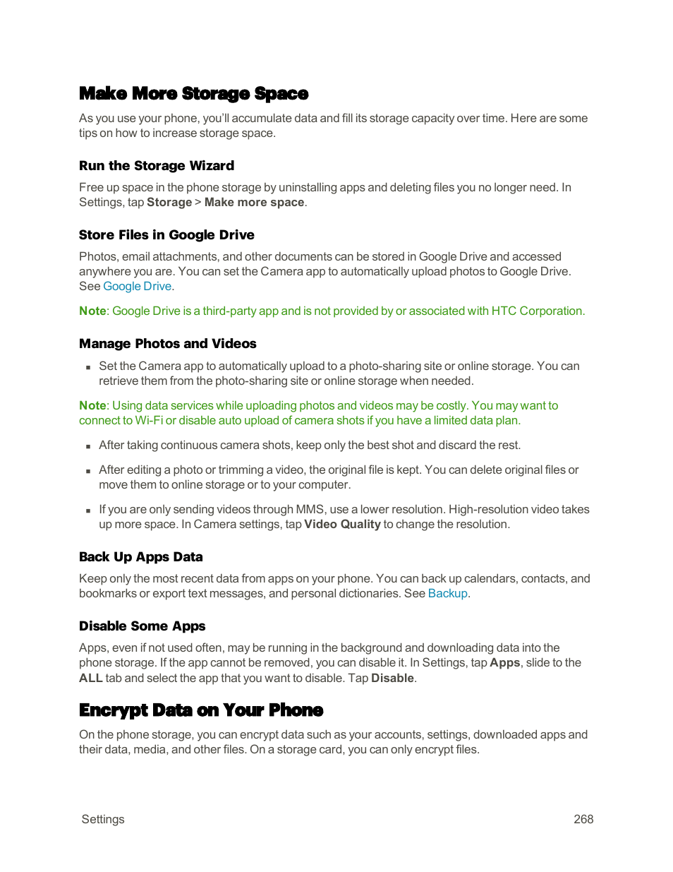 Make more storage space, Encrypt data on your phone | HTC One M9 User Manual | Page 281 / 304