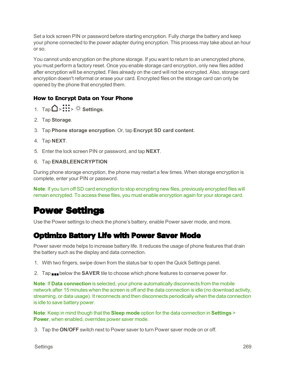 Power settings, Optimize battery life with power saver mode | HTC One M9 User Manual | Page 282 / 304
