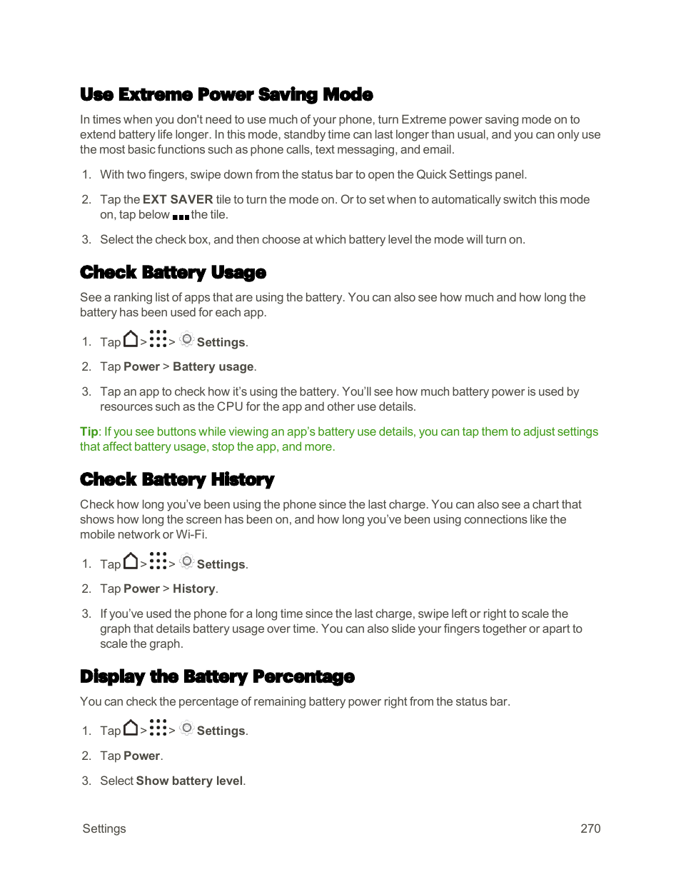 Use extreme power saving mode, Check battery usage, Check battery history | Display the battery percentage | HTC One M9 User Manual | Page 283 / 304