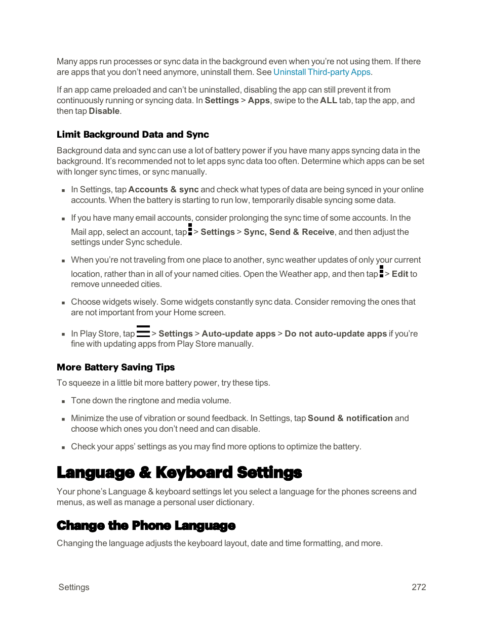 Language & keyboard settings, Change the phone language | HTC One M9 User Manual | Page 285 / 304