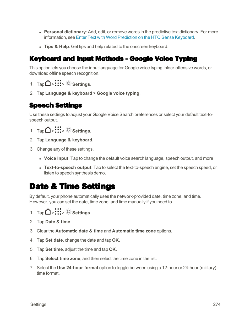 Keyboard and input methods - google voice typing, Speech settings, Date & time settings | HTC One M9 User Manual | Page 287 / 304