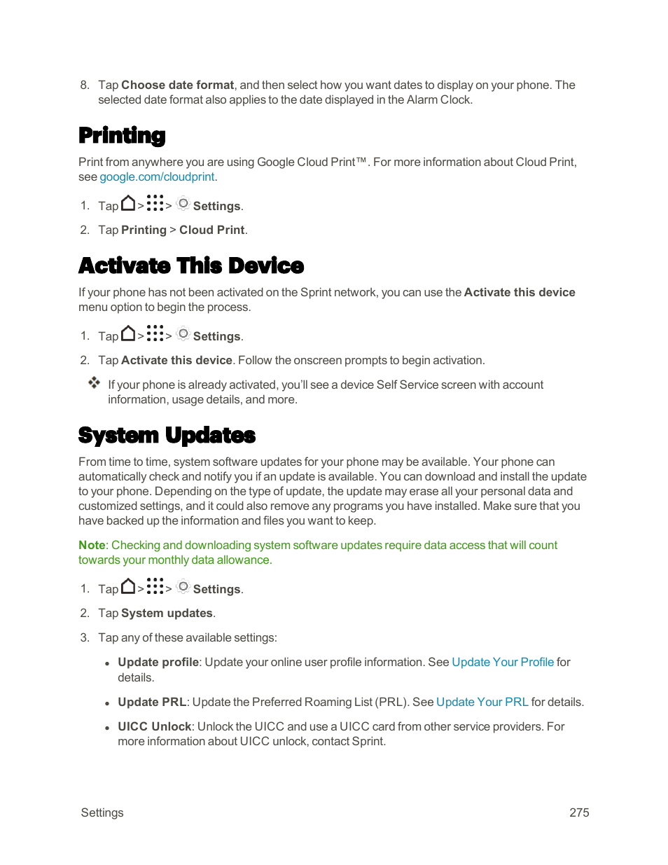 Printing, Activate this device, System updates | HTC One M9 User Manual | Page 288 / 304