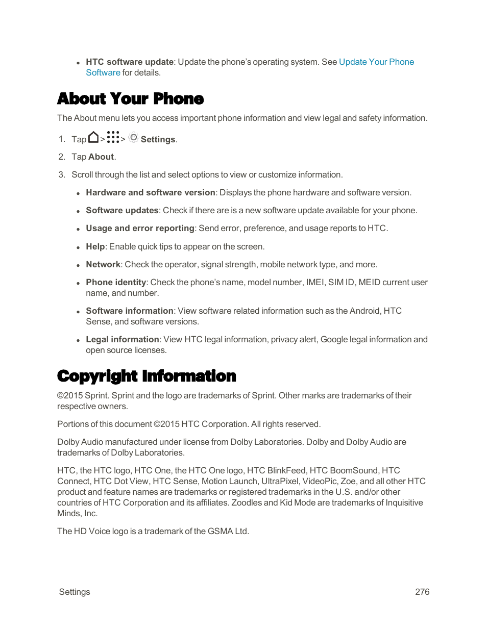 About your phone, Copyright information | HTC One M9 User Manual | Page 289 / 304