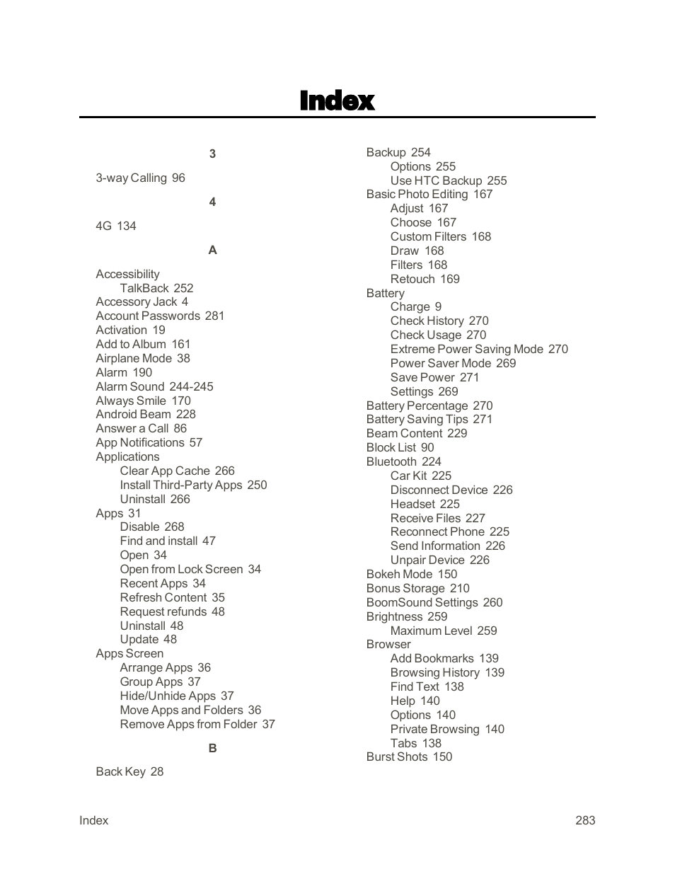 Index | HTC One M9 User Manual | Page 296 / 304