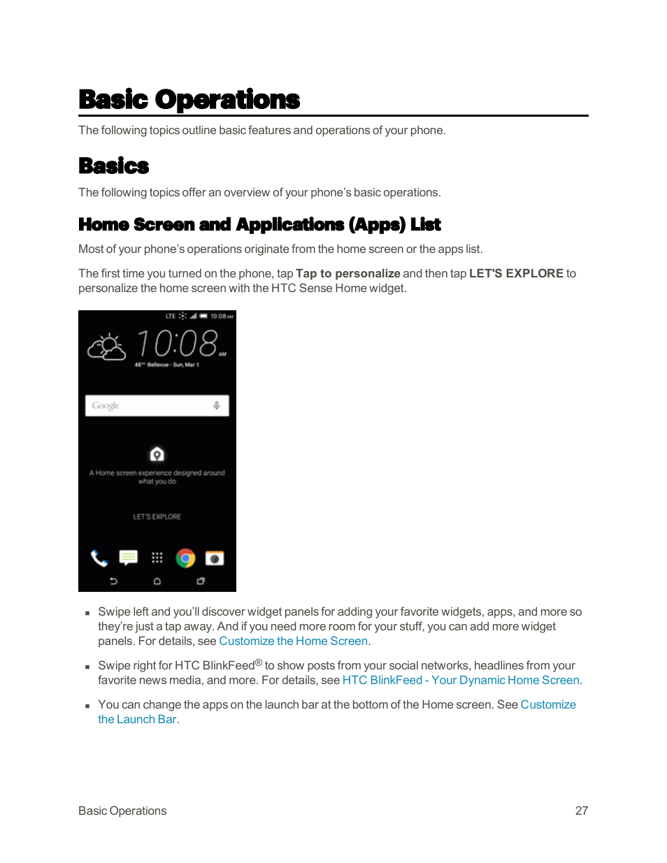 Basic operations, Basics, Home screen and applications (apps) list | HTC One M9 User Manual | Page 40 / 304