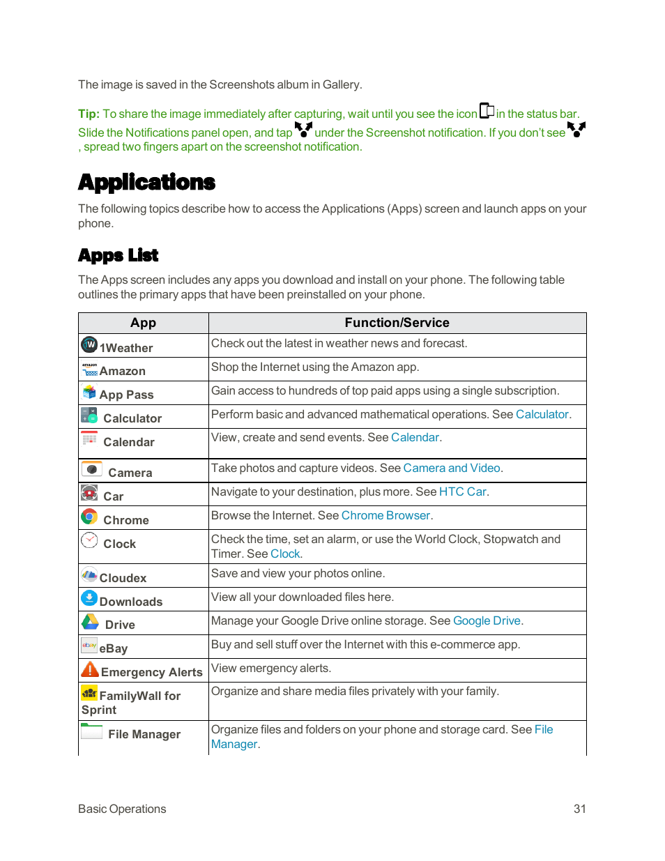 Applications, Apps list | HTC One M9 User Manual | Page 44 / 304