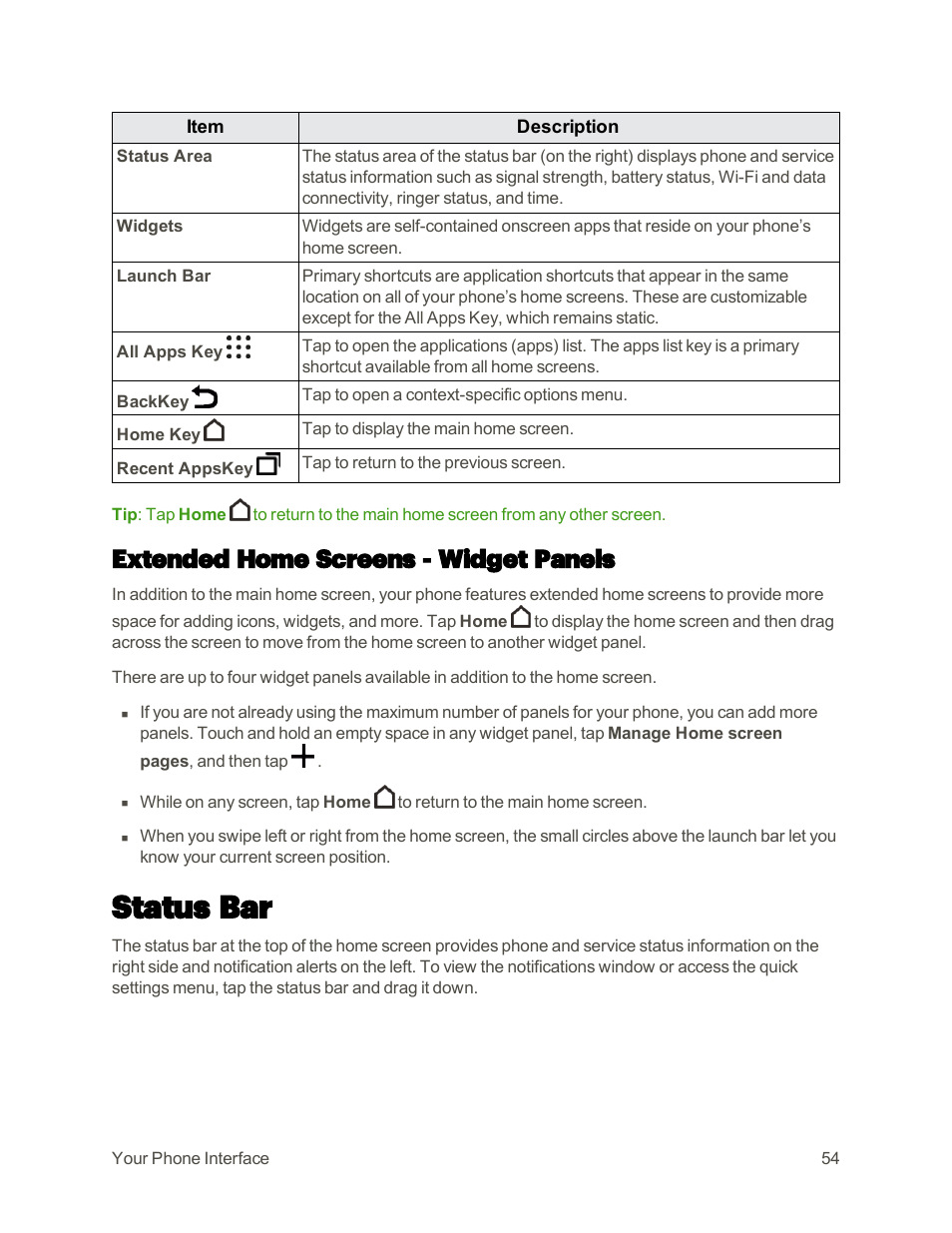 Extended home screens - widget panels, Status bar | HTC One M9 User Manual | Page 67 / 304