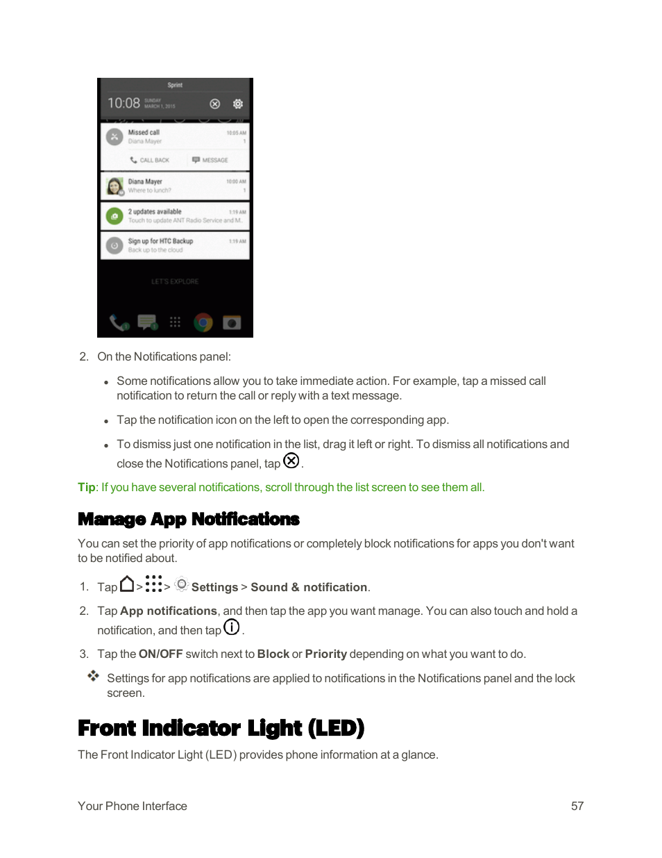 Manage app notifications, Front indicator light (led) | HTC One M9 User Manual | Page 70 / 304