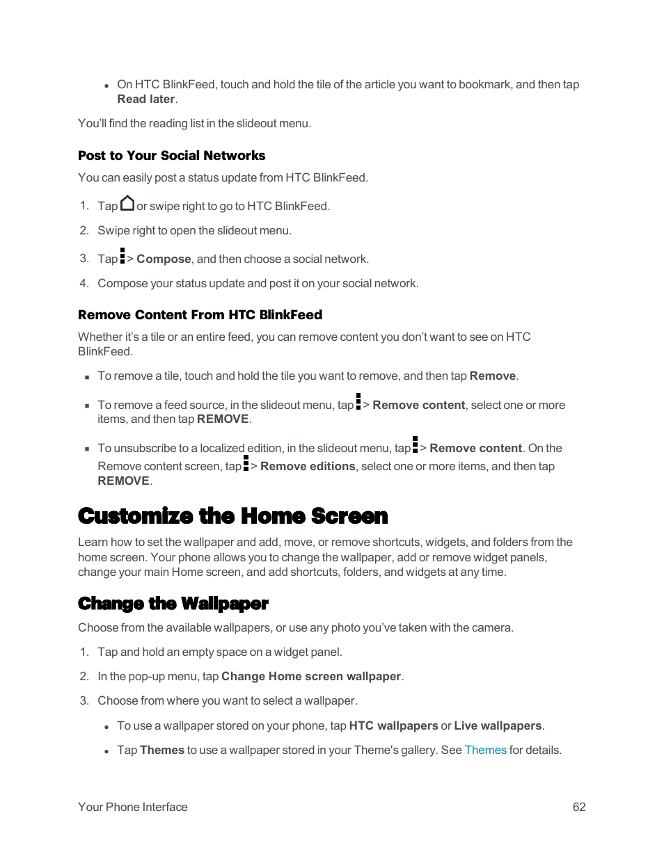 Customize the home screen, Change the wallpaper | HTC One M9 User Manual | Page 75 / 304