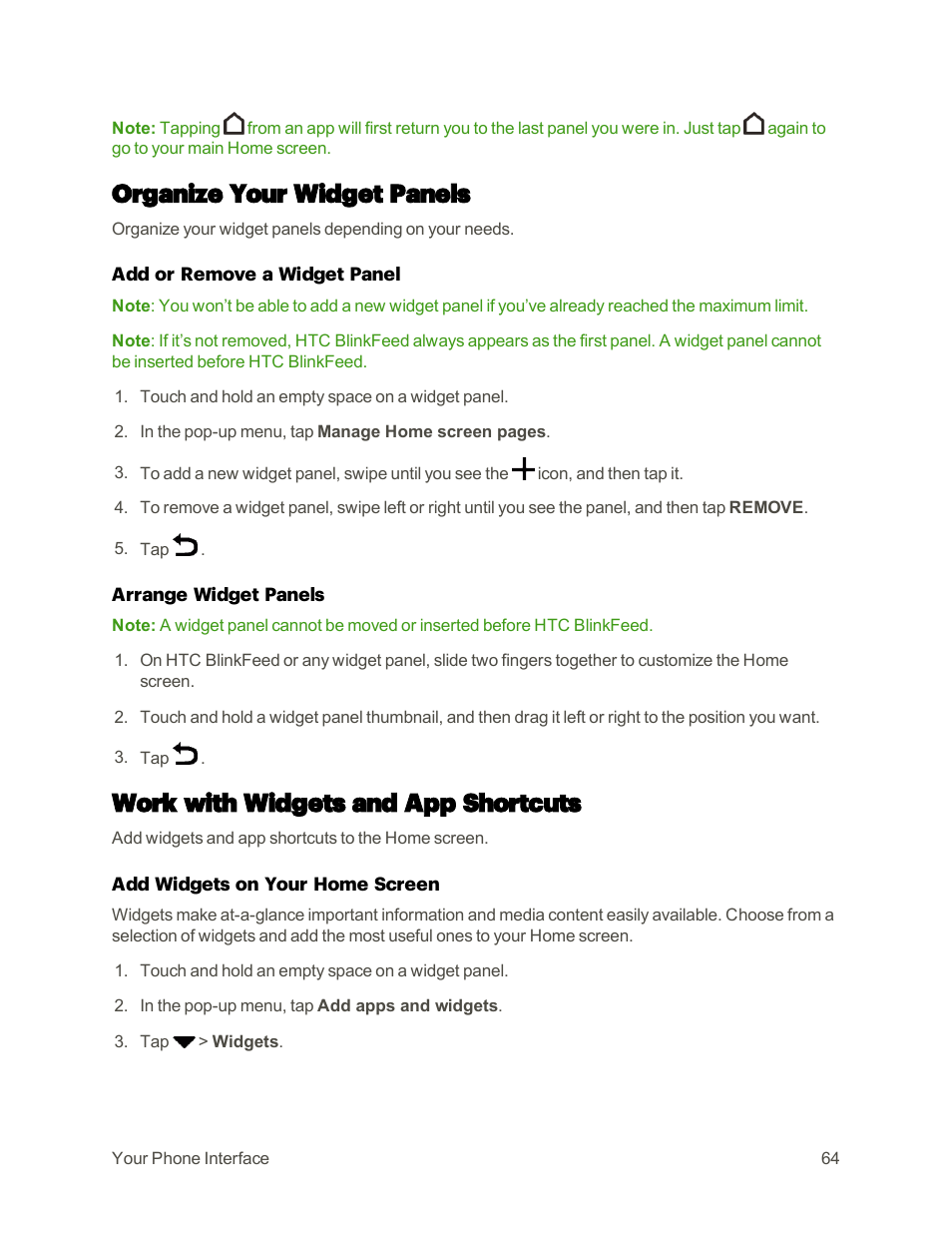 Organize your widget panels, Work with widgets and app shortcuts | HTC One M9 User Manual | Page 77 / 304