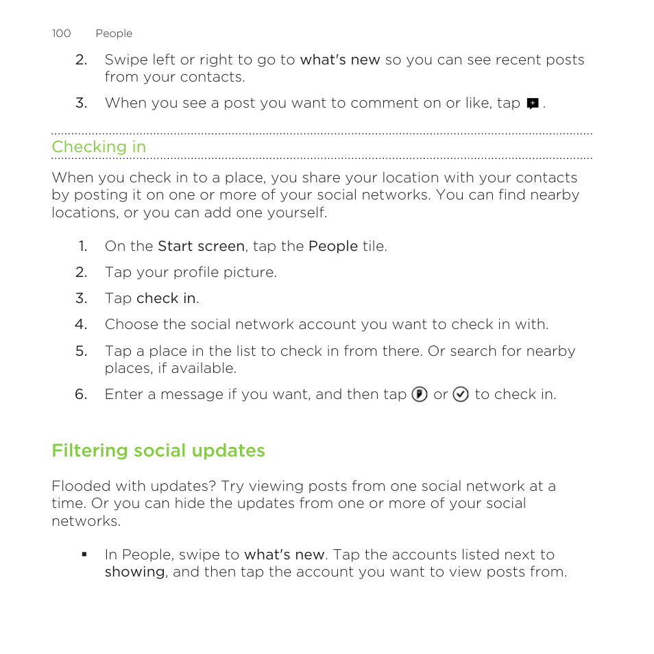 Checking in, Filtering social updates | HTC One M8 for Windows User Manual | Page 100 / 204