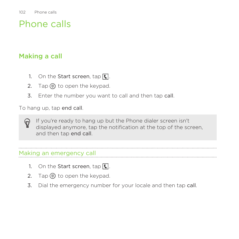 Phone calls, Making a call, Making an emergency call | HTC One M8 for Windows User Manual | Page 102 / 204