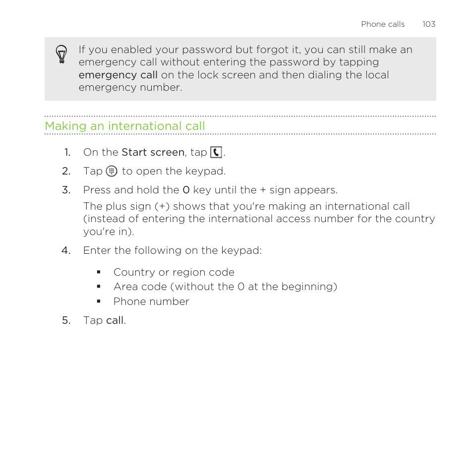 Making an international call | HTC One M8 for Windows User Manual | Page 103 / 204