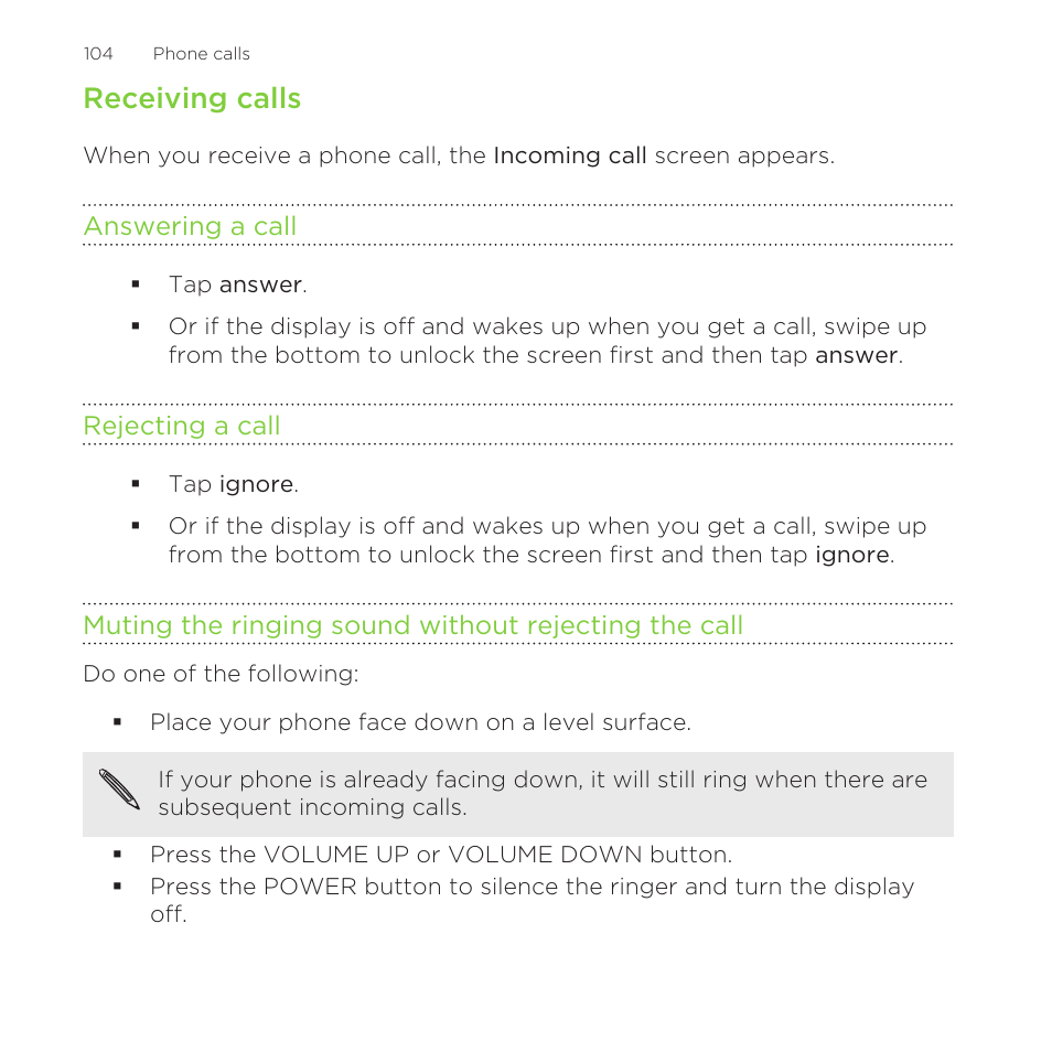 Receiving calls, Answering a call, Rejecting a call | HTC One M8 for Windows User Manual | Page 104 / 204