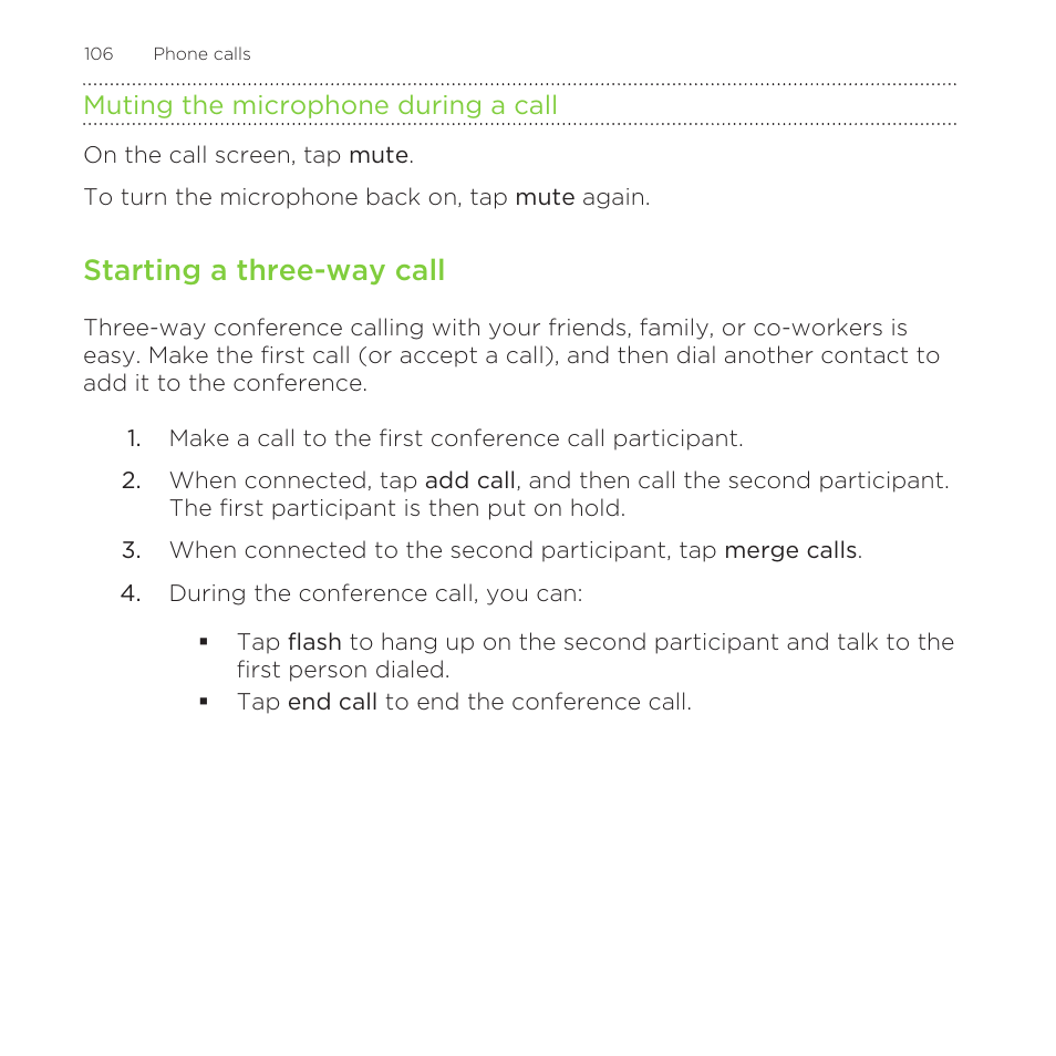 Muting the microphone during a call, Starting a three-way call | HTC One M8 for Windows User Manual | Page 106 / 204