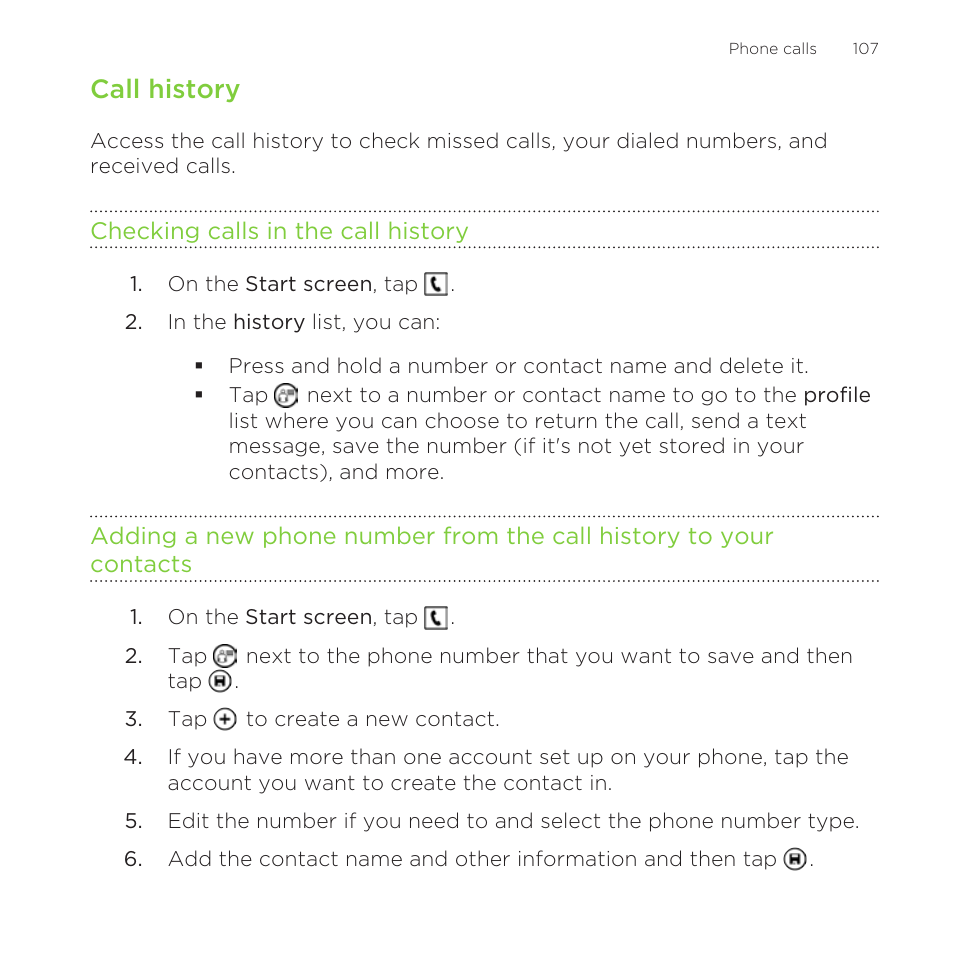 Call history, Checking calls in the call history | HTC One M8 for Windows User Manual | Page 107 / 204