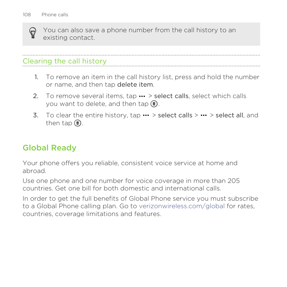 Clearing the call history, Global ready | HTC One M8 for Windows User Manual | Page 108 / 204