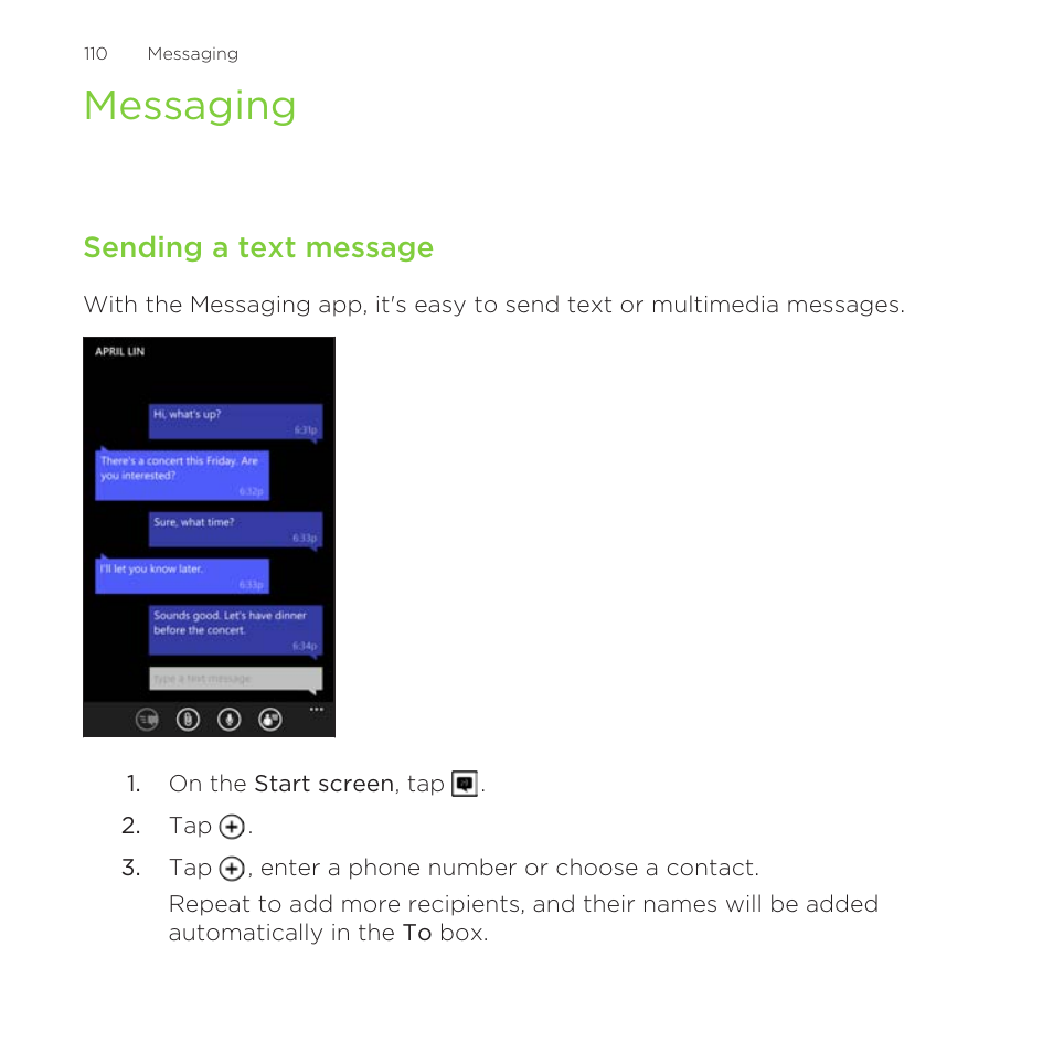 Messaging, Sending a text message | HTC One M8 for Windows User Manual | Page 110 / 204