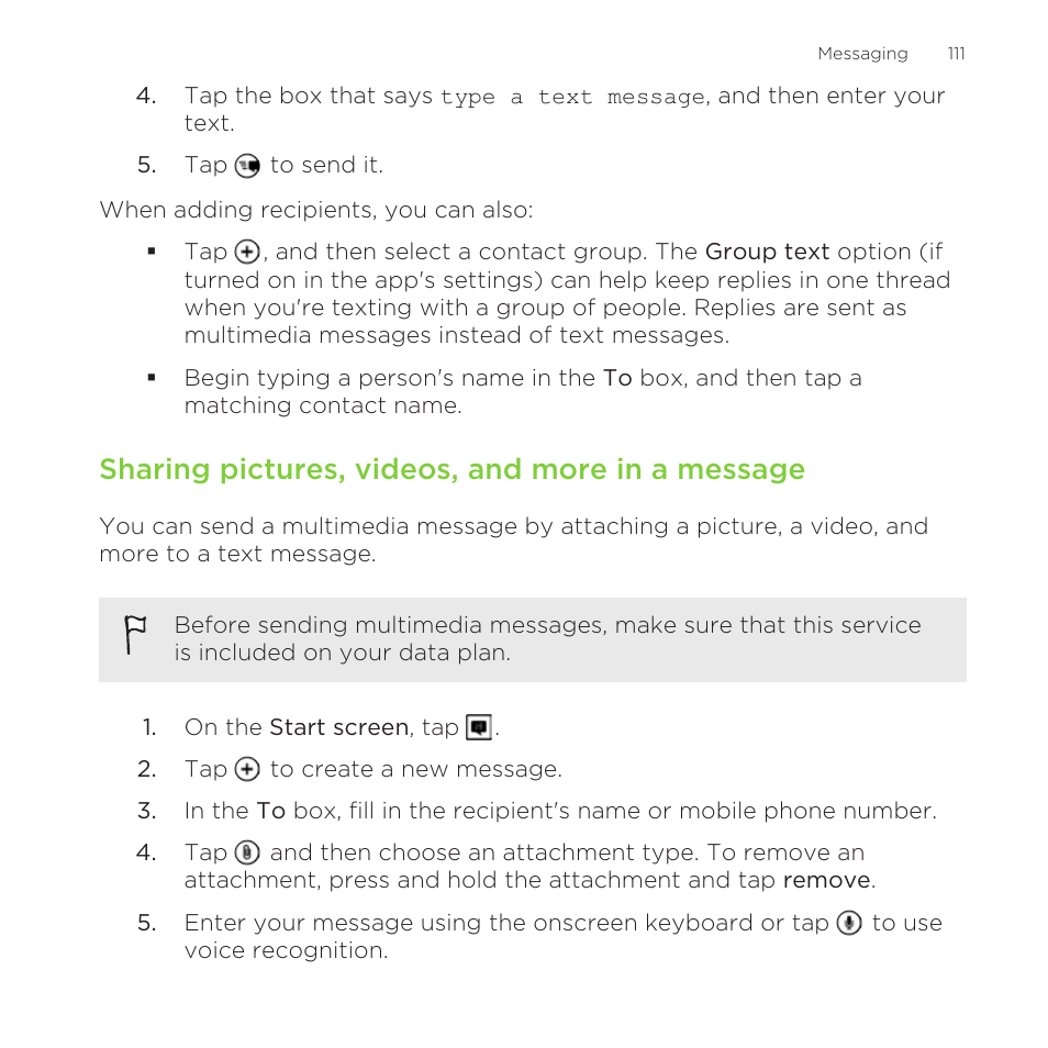 Sharing pictures, videos, and more in a message | HTC One M8 for Windows User Manual | Page 111 / 204