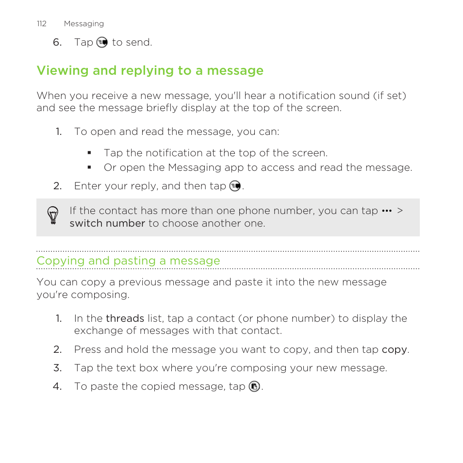 Viewing and replying to a message, Copying and pasting a message | HTC One M8 for Windows User Manual | Page 112 / 204