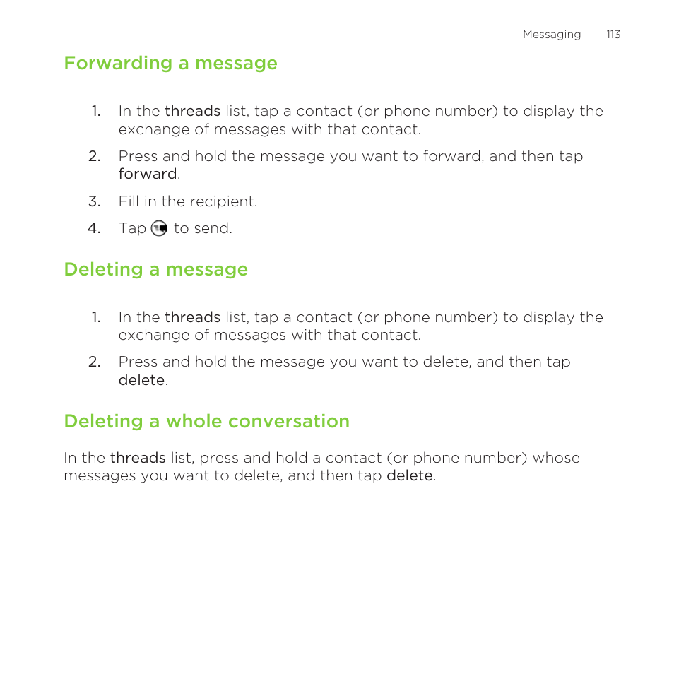 Forwarding a message, Deleting a message, Deleting a whole conversation | HTC One M8 for Windows User Manual | Page 113 / 204