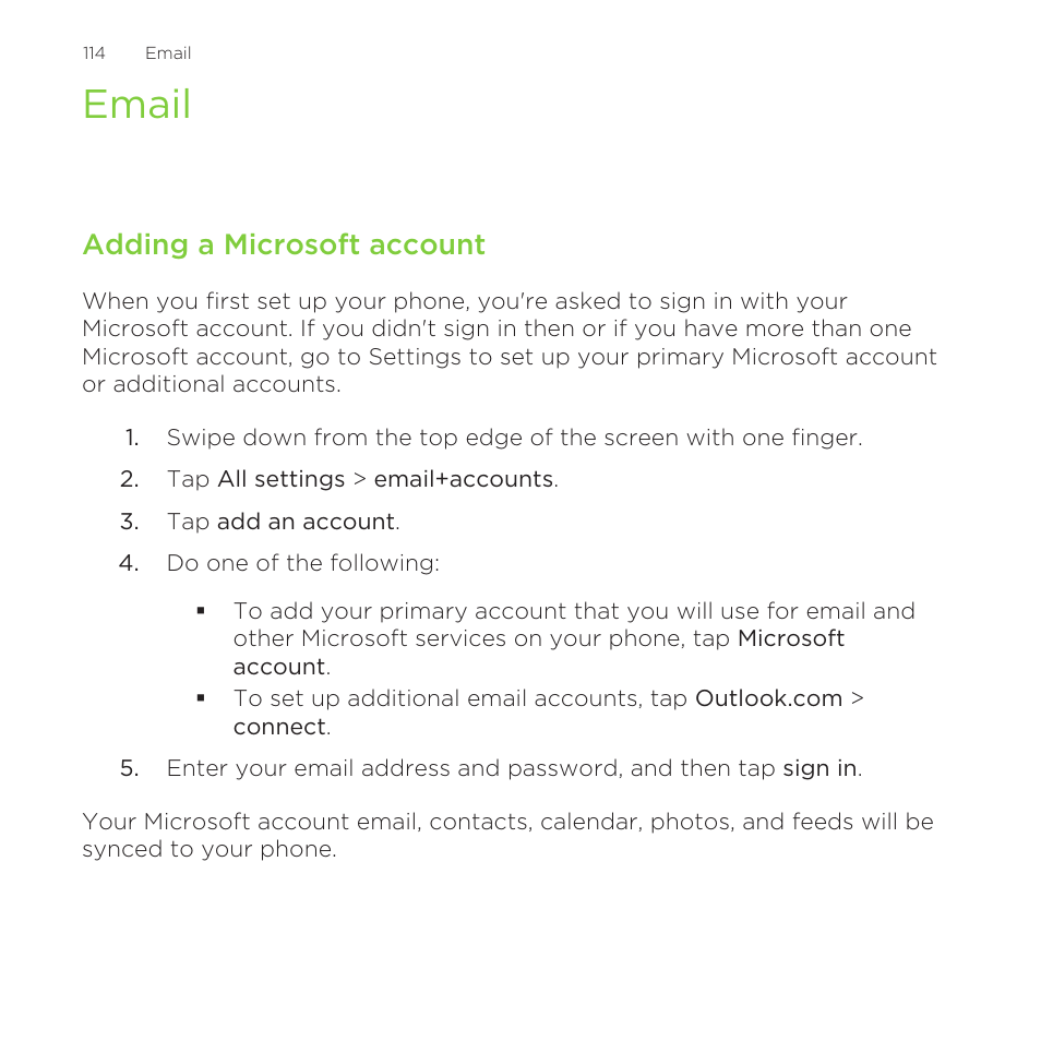 Email, Adding a microsoft account | HTC One M8 for Windows User Manual | Page 114 / 204