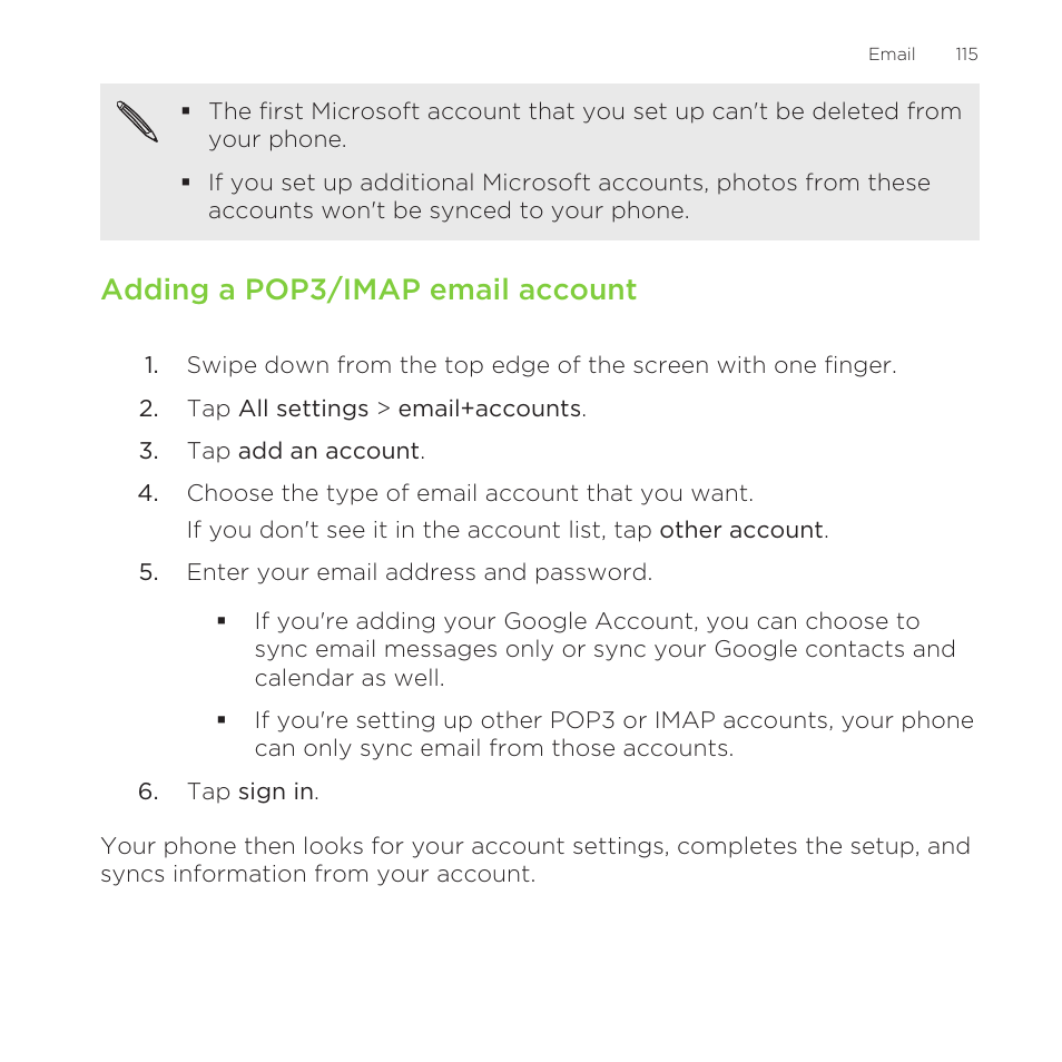 Adding a pop3/imap email account | HTC One M8 for Windows User Manual | Page 115 / 204