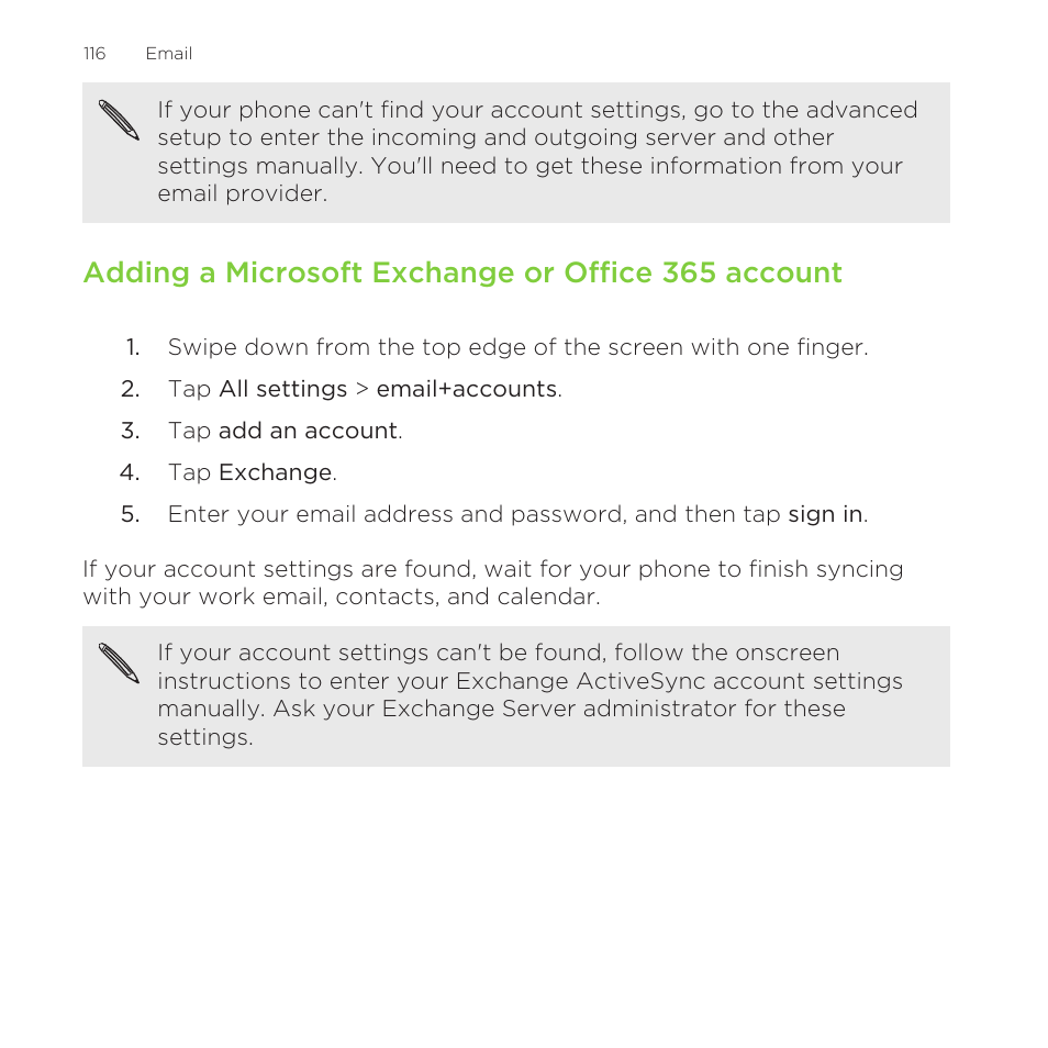 Adding a microsoft exchange or office 365 account | HTC One M8 for Windows User Manual | Page 116 / 204
