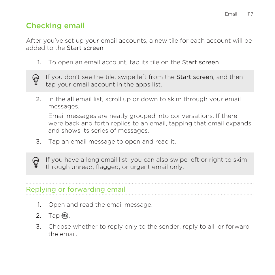 Checking email, Replying or forwarding email | HTC One M8 for Windows User Manual | Page 117 / 204