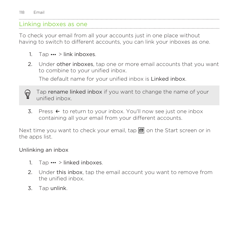 Linking inboxes as one, Unlinking an inbox | HTC One M8 for Windows User Manual | Page 118 / 204