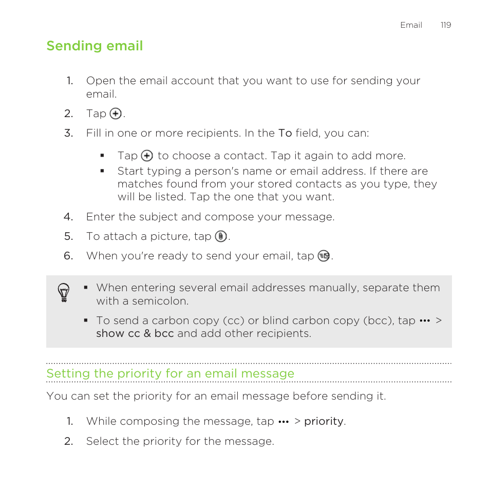 Sending email, Setting the priority for an email message | HTC One M8 for Windows User Manual | Page 119 / 204