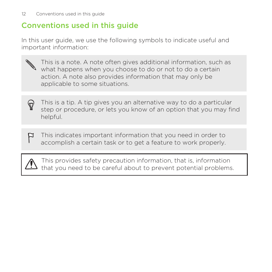 Conventions used in this guide | HTC One M8 for Windows User Manual | Page 12 / 204