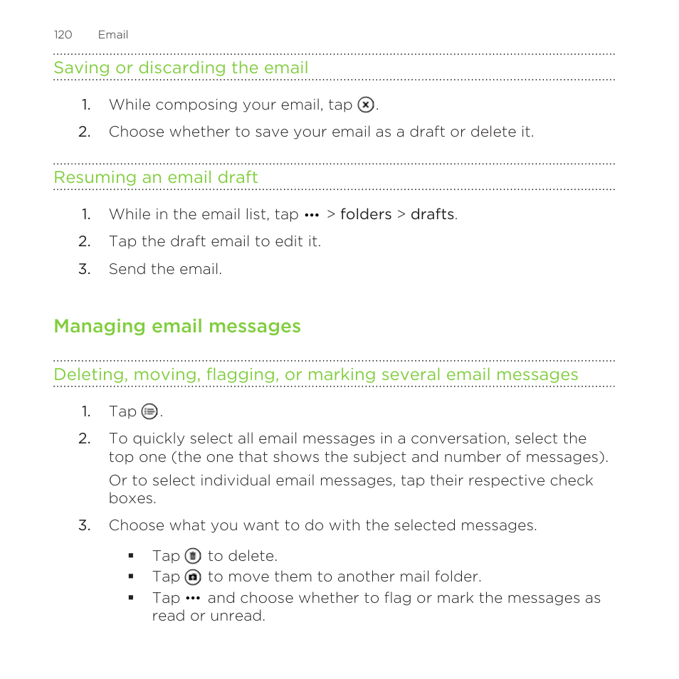 Saving or discarding the email, Resuming an email draft, Managing email messages | HTC One M8 for Windows User Manual | Page 120 / 204