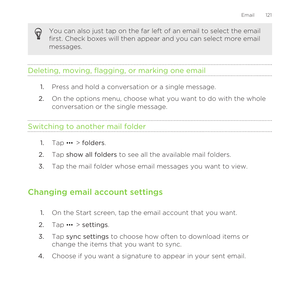 Deleting, moving, flagging, or marking one email, Switching to another mail folder, Changing email account settings | HTC One M8 for Windows User Manual | Page 121 / 204