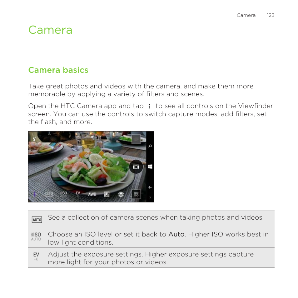 Camera, Camera basics, To find out how to do these and more, see | HTC One M8 for Windows User Manual | Page 123 / 204