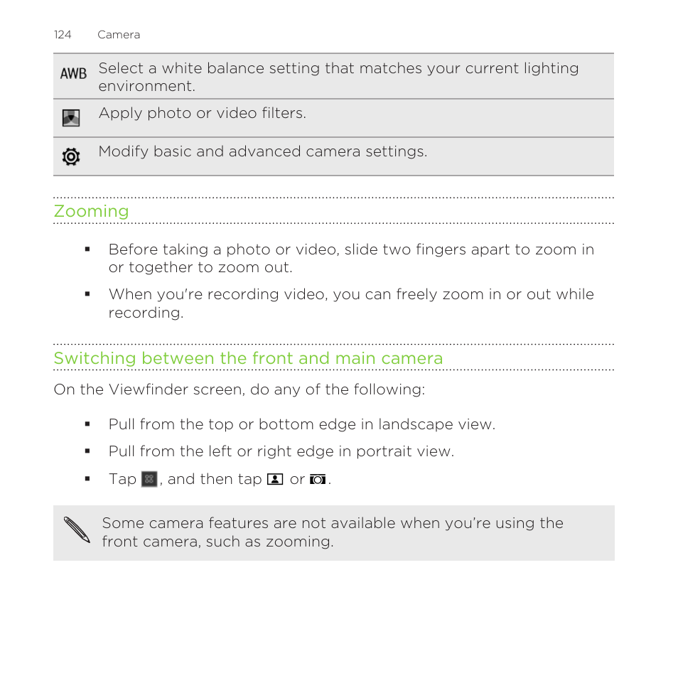 Zooming, Switching between the front and main camera | HTC One M8 for Windows User Manual | Page 124 / 204