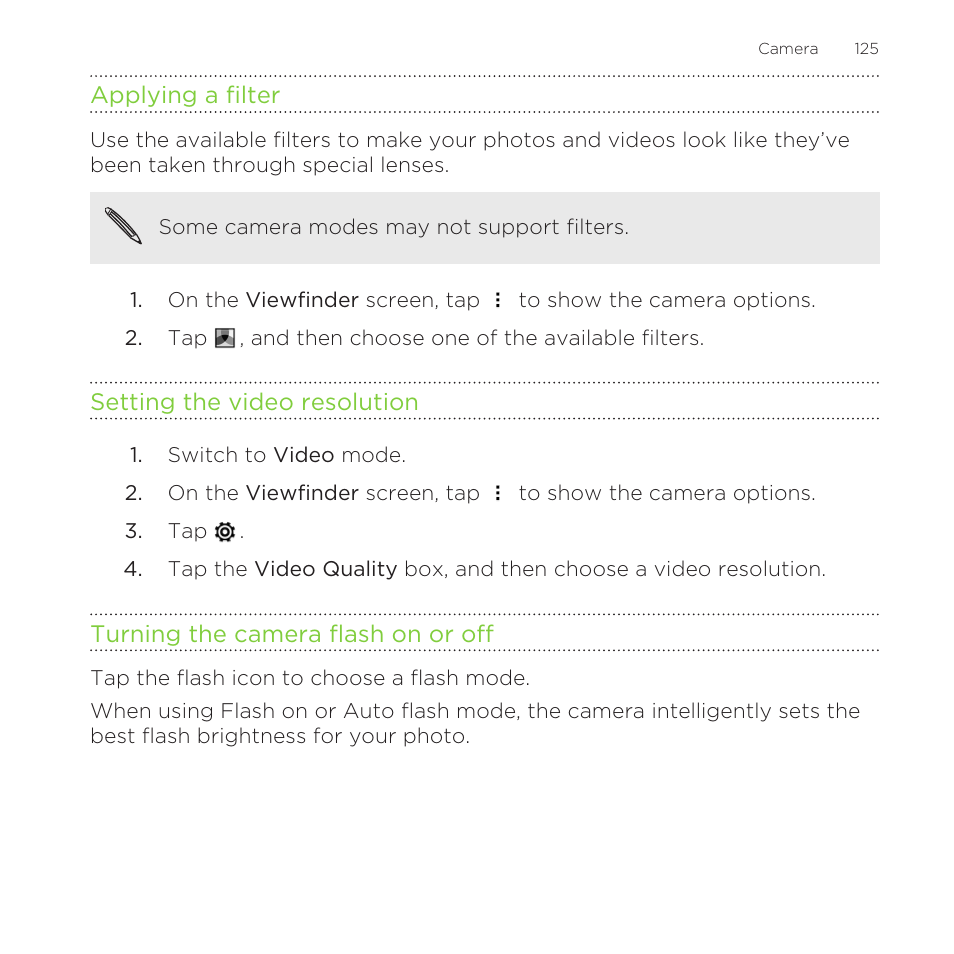 Applying a filter, Setting the video resolution, Turning the camera flash on or off | HTC One M8 for Windows User Manual | Page 125 / 204