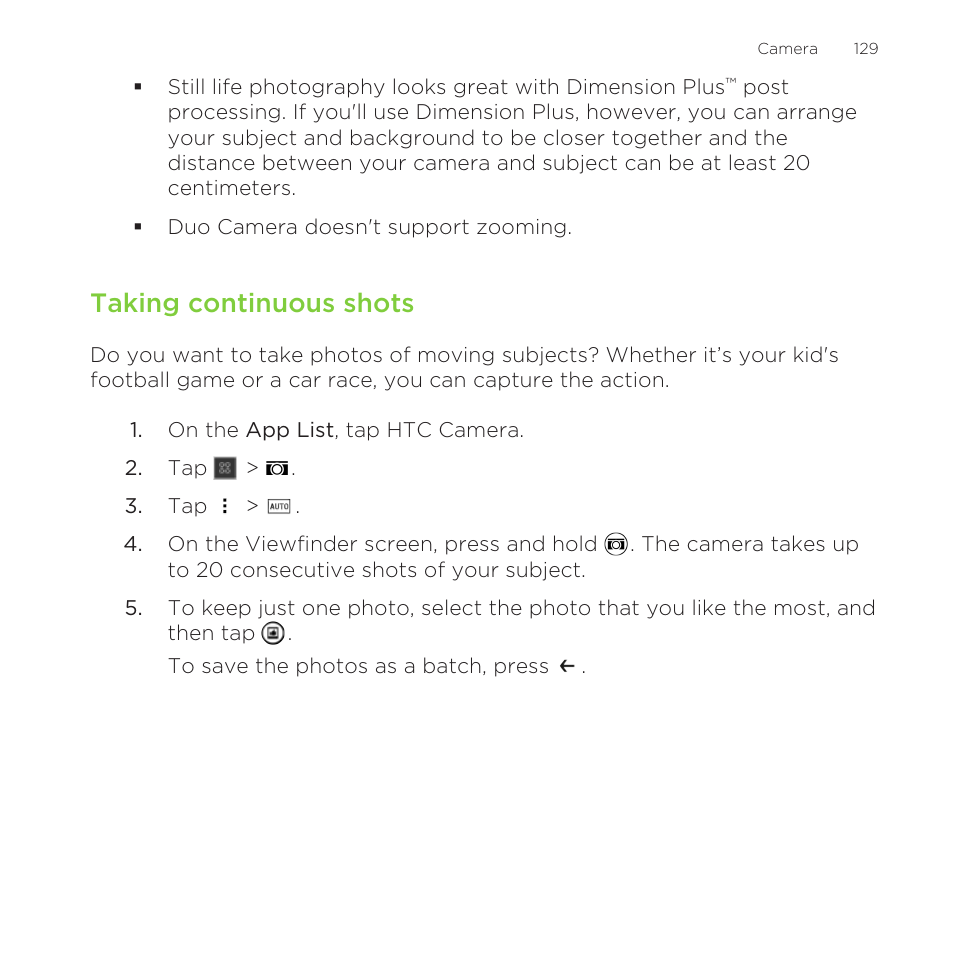 Taking continuous shots, Or more) of a subject in motion. see | HTC One M8 for Windows User Manual | Page 129 / 204