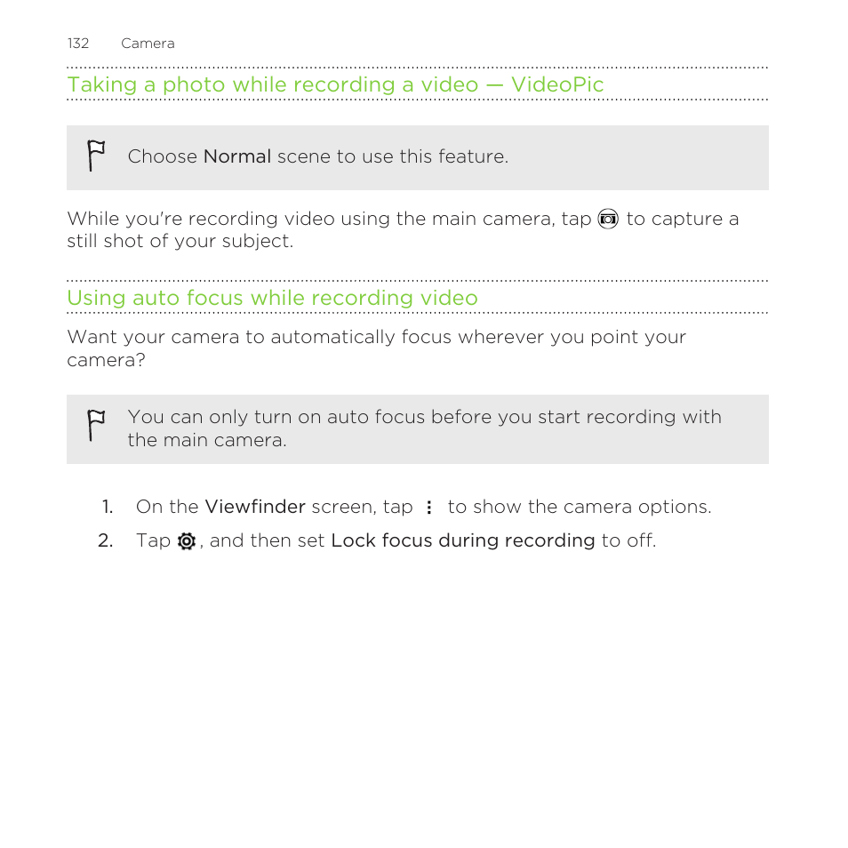 Taking a photo while recording a video — videopic, Using auto focus while recording video | HTC One M8 for Windows User Manual | Page 132 / 204