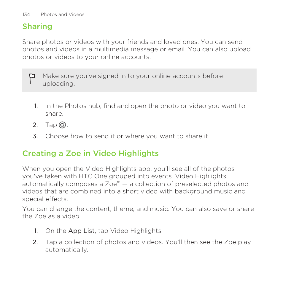 Sharing, Creating a zoe in video highlights | HTC One M8 for Windows User Manual | Page 134 / 204